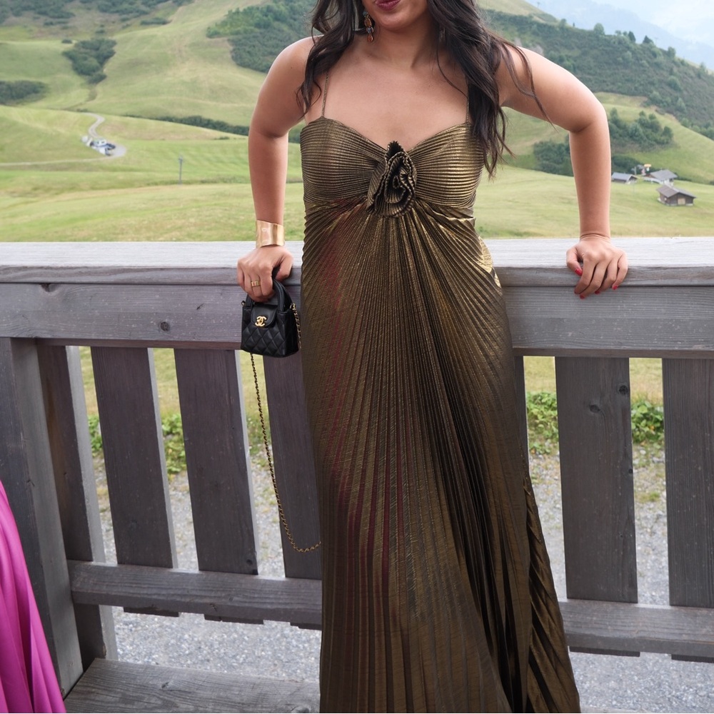 Mac Duggal Gold Metallic Pleated Gown with 3D Flower - Picture 3 of 4